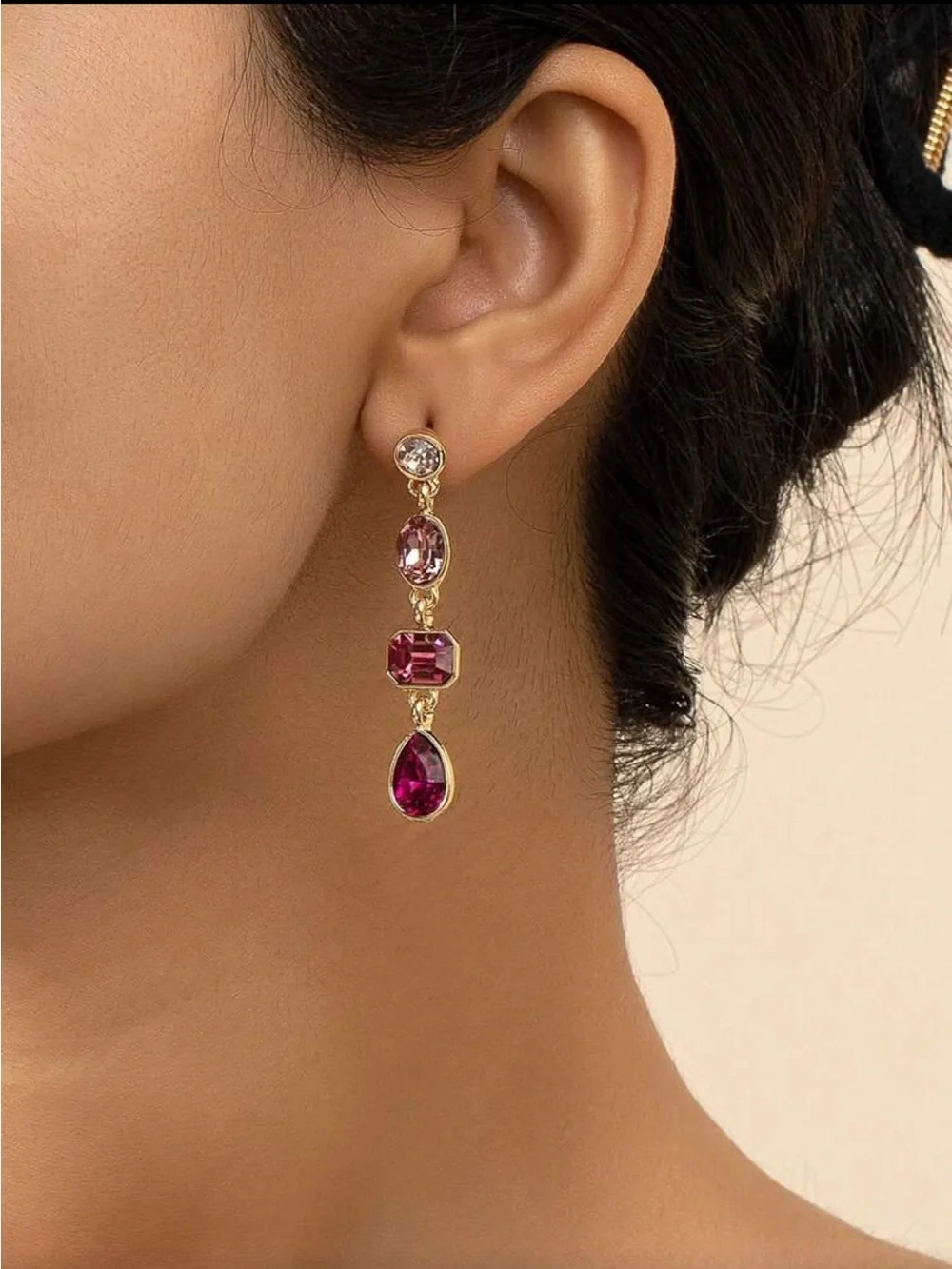 Gold Drop Earrings with Pink Gemstones - Elegant Women Jewelry
